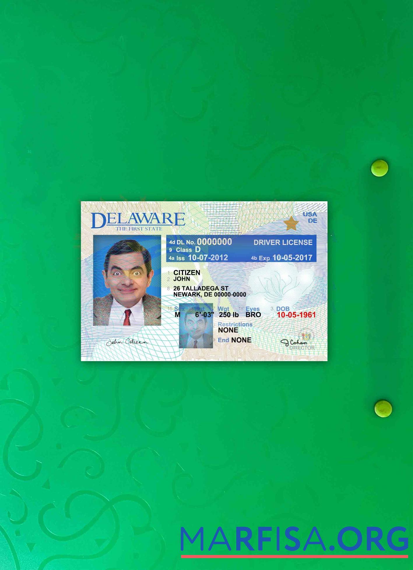 Blank USA Delaware driving license version 2 photolook real example